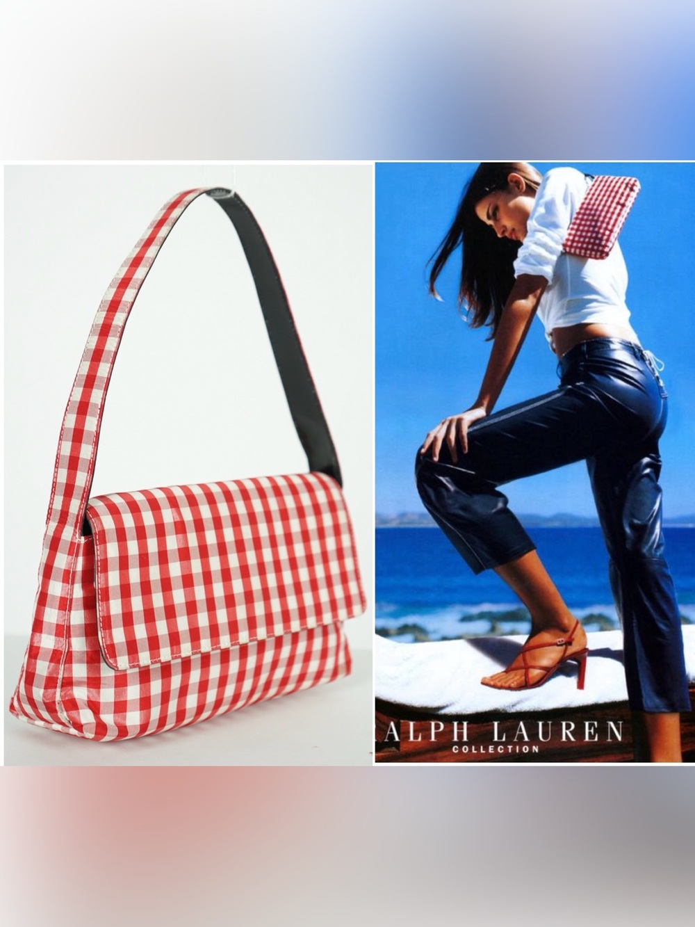 Ralph Lauren Shoulder Bag Red Gingham Mini Flap Purse Satin Canvas Spring 2000